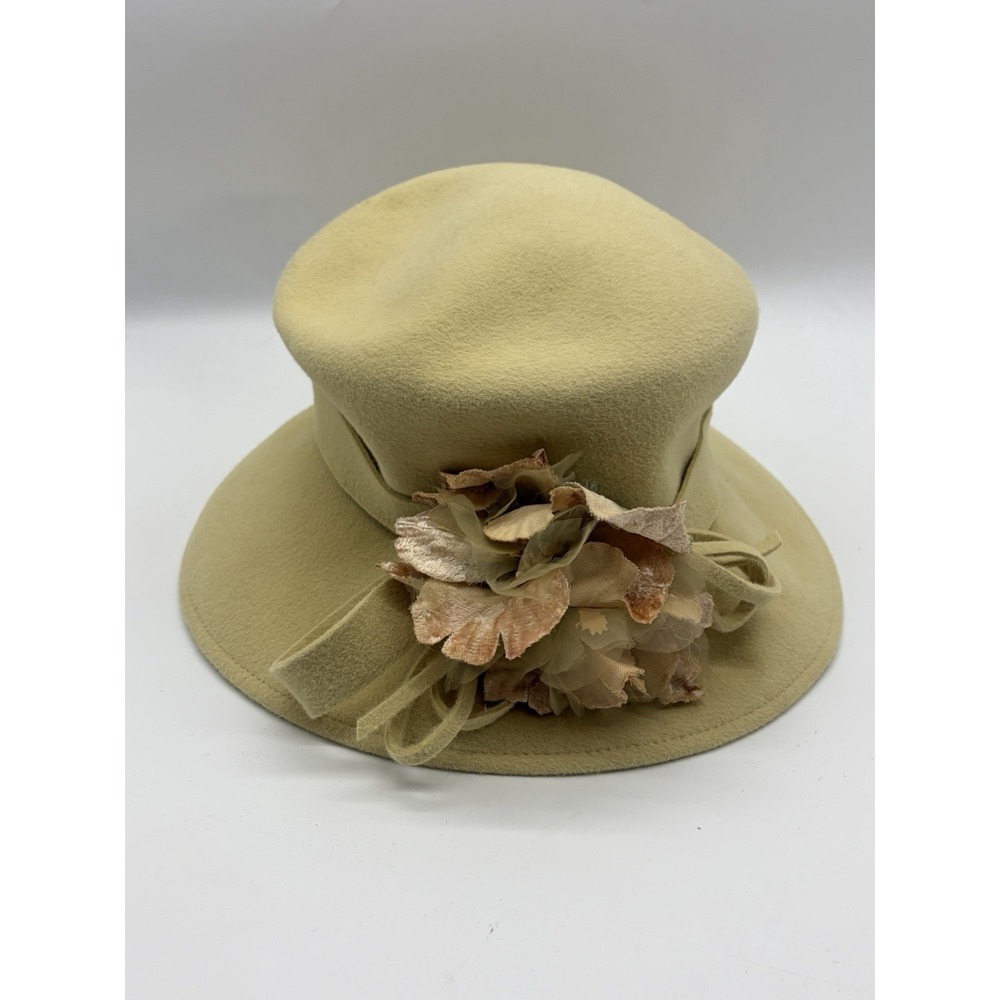 Vintage Gabriel Amar for Frank Olive Wide Brim Camel Wool Cloche Floral Hat